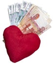 Money rubles and red heart cash love Royalty Free Stock Photo