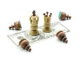 Money Rules: Pawns Around A King And A Queen Standing On A Dollars Banknote