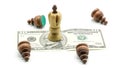 Money Rules: Pawns Lying Around A King Standing On A 10 Dollars Banknote