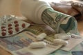 Money Russian rubles and medications tablets