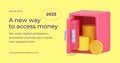 Money safe banking storage protecting savings golden metal coins 3d promo banner realistic vector