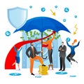 Money in safe, business finance protection, vector illustration, man woman character protect cash in bank, financial