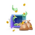 Money safe with open door and paper bills and gold coin inside and money bags next. Falling green dollars and coins in realistic Royalty Free Stock Photo