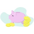 Money safety concept, stack of coins and piggy bank, storage, accumulation and finance