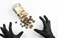 Money safety concept. Threat to the safety of savings. Hands grabbing savings. Be careful - fraud. Greedy family Royalty Free Stock Photo