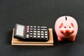 Money saving. Accounting and payroll. moneybox with calculator. Piggy bank. planning counting budget. Commerece business Royalty Free Stock Photo