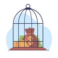 Money saving, bird cage filled with gold coins and banknotes. investment and insurance. Put income and cash on deposit