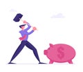 Money Saving Concept. Business Man Character Hitting Piggy Bank with Hammer going to Take Coins from Moneybox