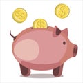 Money saving concept. Golden coins falling one by one into pink piggybank over white background.