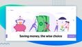 Money Saving Concept Landing Page with Business People Characters, Piggy Bank and Money Tree. Financial Savings Profit Royalty Free Stock Photo