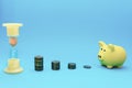 Yellow piggy Bank, stacks of coins and yellow hourglass on blue background Royalty Free Stock Photo