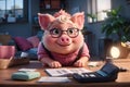 Piggy Banking, Money savings concept: charts, calculator, pen, pig, coins.