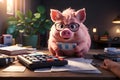 Piggy Banking, Money savings concept: charts, calculator, pen, pig, coins.