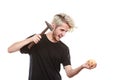 Sreaming man trying break piggy bank with hammer Royalty Free Stock Photo