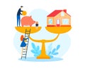 Money savings for home, mortgage money price and house investment concept, vector illustration. Family character and