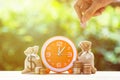 Stacking growing coins, Moneybags and orange clock on wooden table Royalty Free Stock Photo