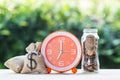 Money savings, Investment, time and money growing concept : Stacking growing coins, Moneybags and orange clock on wooden table. Royalty Free Stock Photo