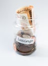 Money savings jar with pennies and currency note on top Royalty Free Stock Photo
