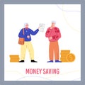 Money savings plan banner with retired pensioners, flat vector illustration.