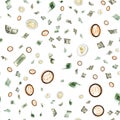 Money seamless pattern background. Hundred dollars of America. Usd cash, Euro money Bitcoin Cryptocurrency falling