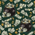 Money seamless pattern with cauldron full of cash money in vintage style Royalty Free Stock Photo