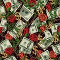 Money seamless pattern with 100 dollar bills, rose flowers, gold chains Royalty Free Stock Photo