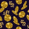 Money seamless pattern with falling shiny gold coins and dollar sign on dark violet grunge background. Royalty Free Stock Photo