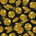 Money seamless pattern with falling shiny gold coins, dotty halftone circles