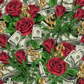 Money seamless pattern with heap, wad, stacks of 100 dollars bills, gold dollar sign, bouquet of red roses. Royalty Free Stock Photo