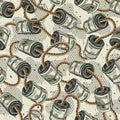 Money seamless pattern with rolls of 100 dollars bills bounded by jute rope