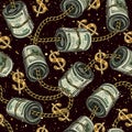 Money seamless pattern with rolls of 100 dollars bills, gold chains, dollar sign Royalty Free Stock Photo