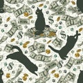 Money pattern with dollar bills, cat silhouettes Royalty Free Stock Photo