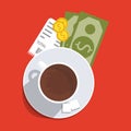 Money for service. Vector illustration. Cup with coffee