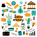 Money set, business symbols and financial elements. Funny doodle hand drawn vector illustration. Cute cartoon banking collection. Royalty Free Stock Photo