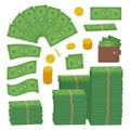 Money set. Dollars and coins as heap, stack. Can be used as succes, economy, finance, cash concept. Stock vector