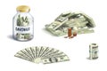 Money set: stack and bundles of dollar bills and coins and jar for money savings Royalty Free Stock Photo