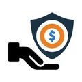 money, shield, safety, hand, finance safety on hand icon