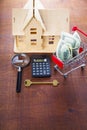 Money in a shop trolley and a house Royalty Free Stock Photo