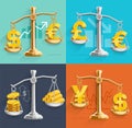 Money sign icons and gold bars on the scales. Royalty Free Stock Photo