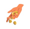 Money slips through fingers. Coins falling down, throwing away, slipping in fingers. Hand losing, dropping finance Royalty Free Stock Photo