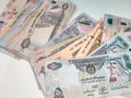 Money Spread on a white table | UAE Dirhams | United Arab Emirates currency | AED - Dhs | hundred bills Royalty Free Stock Photo