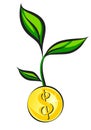 Money sprout grows from golden coin, vector illustration