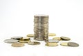 Money, stack of coins on white background. Saving money concept. Growing business. Confidence in the future.