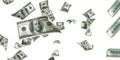 Money stack. Hundred dollars of America. Falling money isolated, us bill white background. Royalty Free Stock Photo