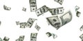 Money stack. Hundred dollars of America. Falling money isolated, us bill white background. Royalty Free Stock Photo