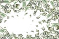 Money stack. Hundred dollars of America. Falling money isolated, us bill white background. Royalty Free Stock Photo