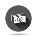 Money stack icon in flat style. Exchange cash vector illustration on black round background with long shadow effect. Dollar Royalty Free Stock Photo