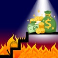 Money on the stairs with the flame trap financial obstacles concept, pile of money and flame trap, money and bonfire barbed tine