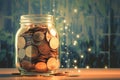 Money stash Glass jar filled with coins, blurred background, saving