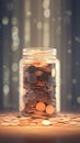 Money stash Glass jar filled with coins, blurred background, saving